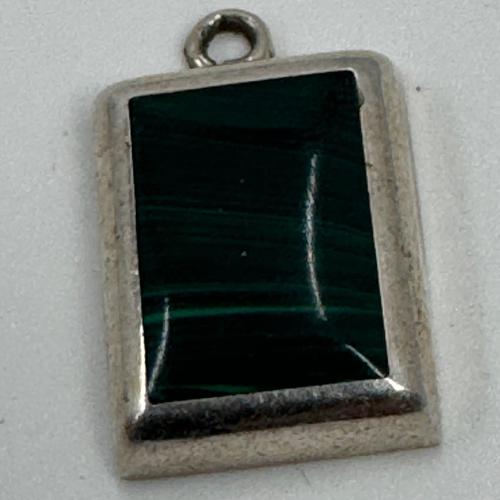 Mexico 925 Sterling Silver Malachite Pendant Green Rectangle Vintage